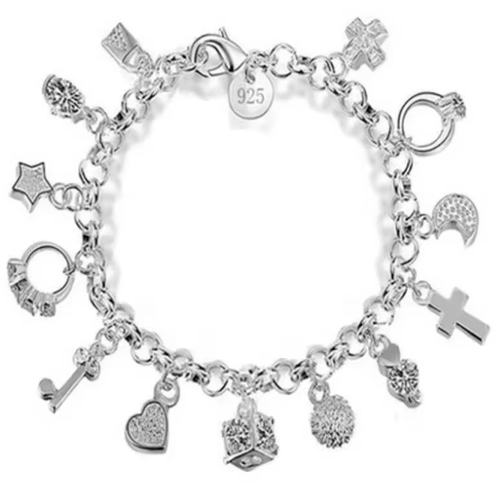 .925 Sterling Silver 13 Charms Bracelet - Picture 3 of 8